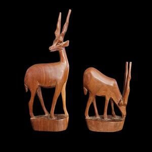 Vintage Hand Carved Kenya Wood Antelope Gazelle Sculpture Set